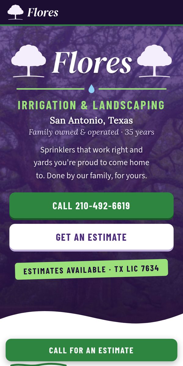 Flores Irrigation & Landscaping website on a phone