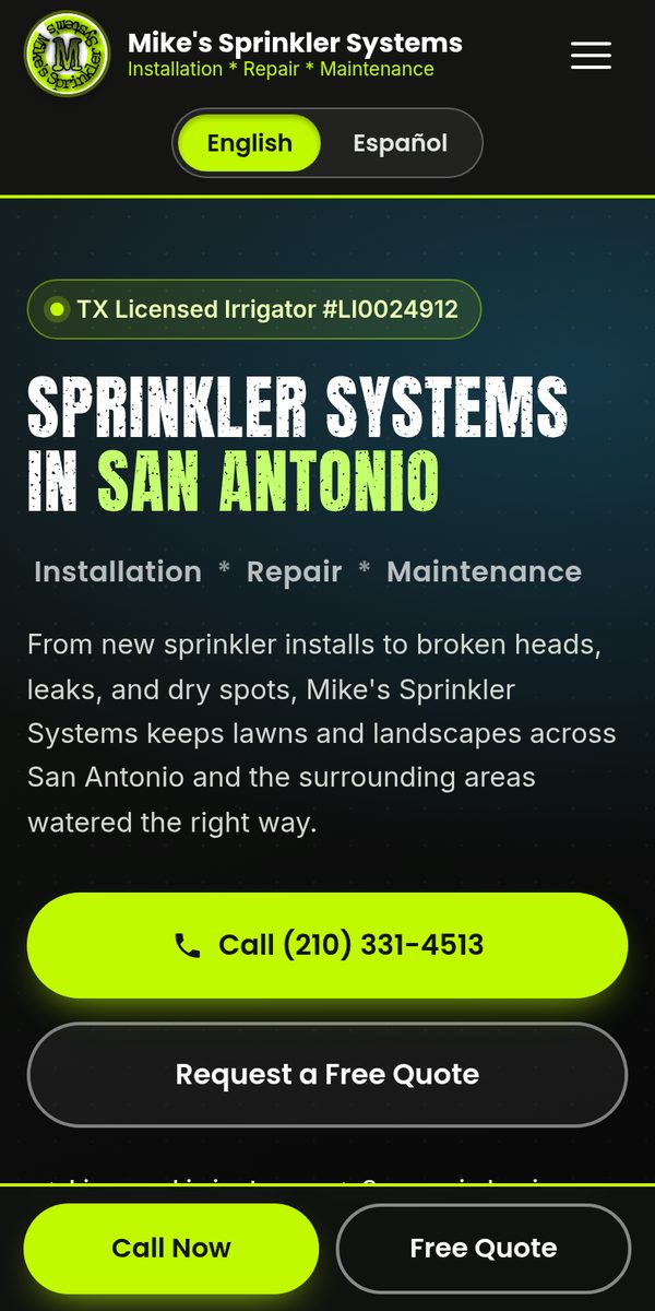 Mike's Sprinkler Systems website on a phone